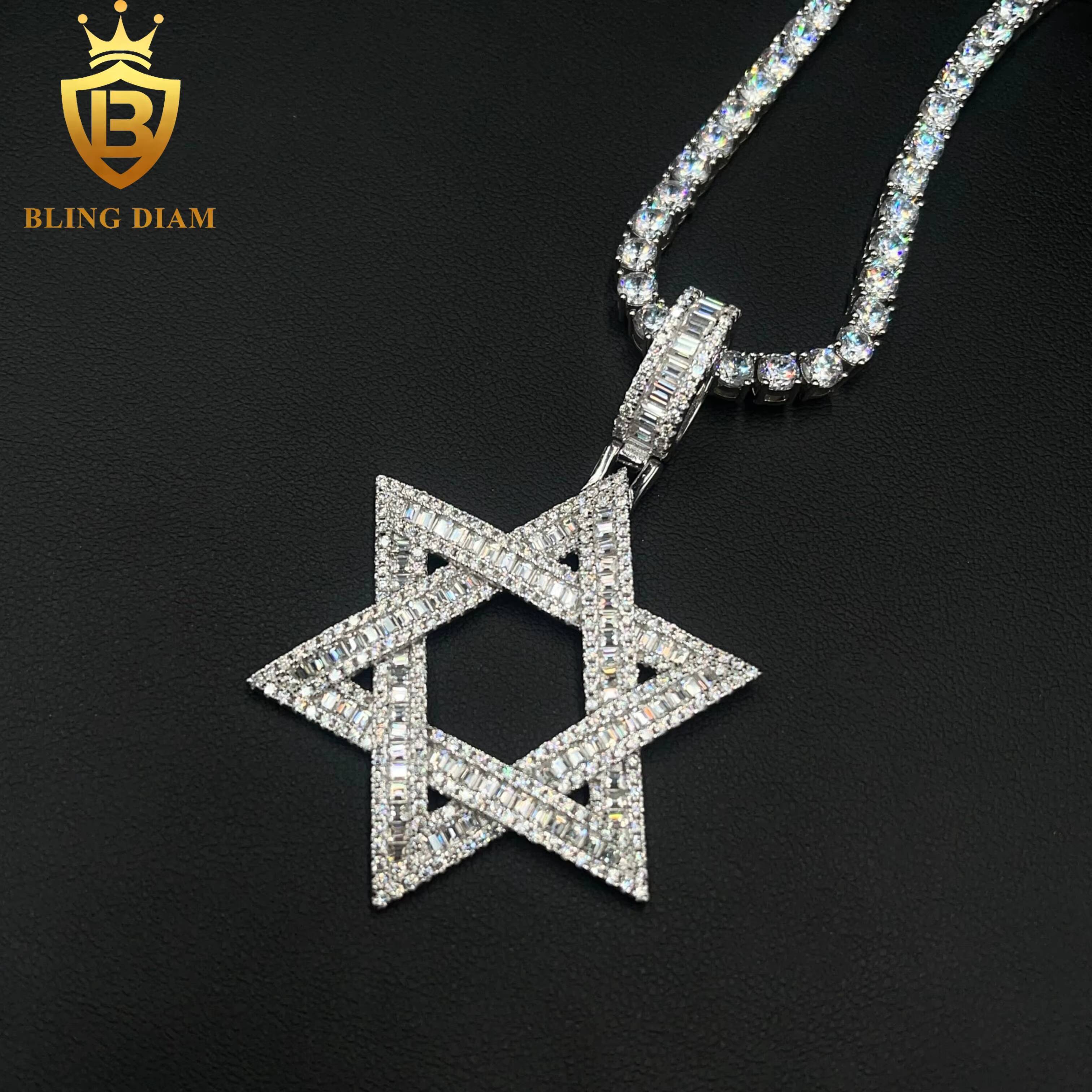 Iced Out Jewelry Passes Diamond Tester 925 Sterling Silver VVS Moissanite Baguette Star Charm Pendant