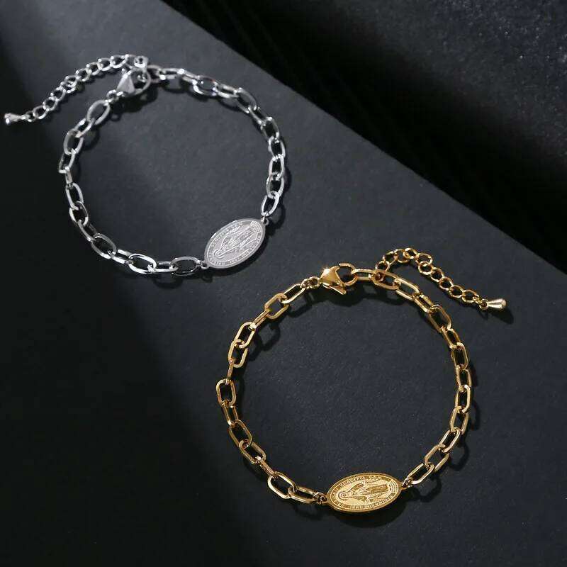 Fashion Jewelry Women's Gift High Quality Waterproof 18k Gold Plated Virgin Mary Charm Long Cross Chain Stainless Steel Bracelet 25H1229