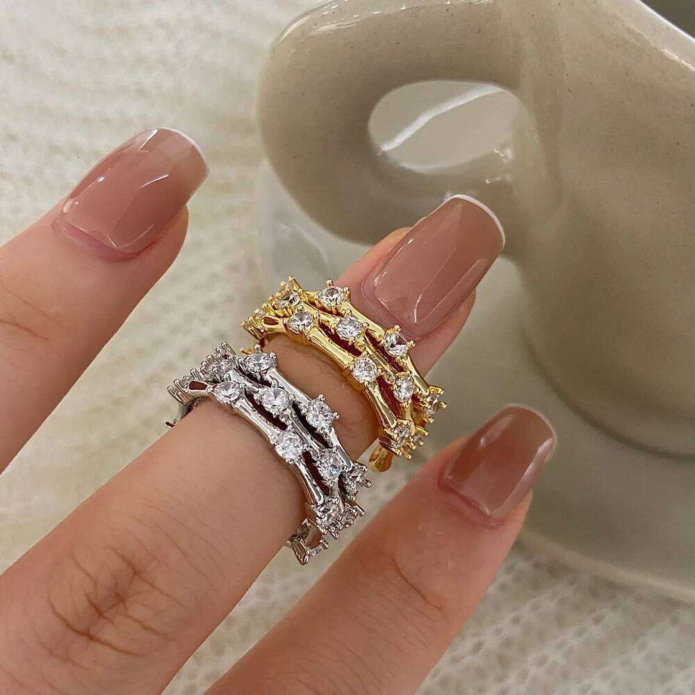 ZAKOL Korean Fashion Three Layers Clear Zirconia Open Rings For Women Exquisite Shiny CZ Party Jewelry