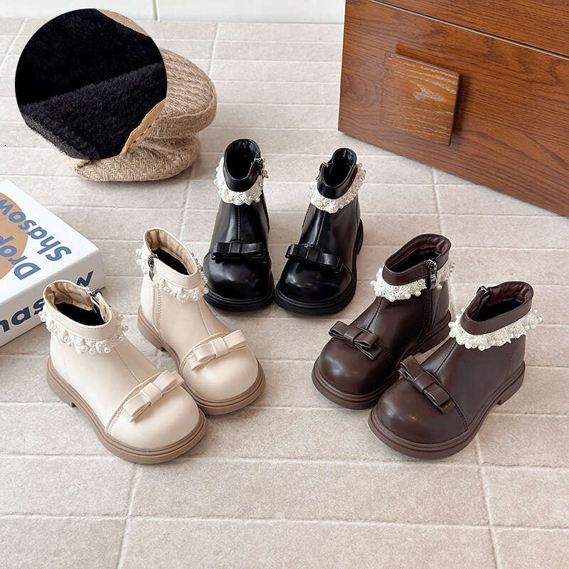 Ins British Style Martin 2025 Autumn Winter New Korean Version Girls' Bowknot Pearl Lace Fleece-Lined Short Boots