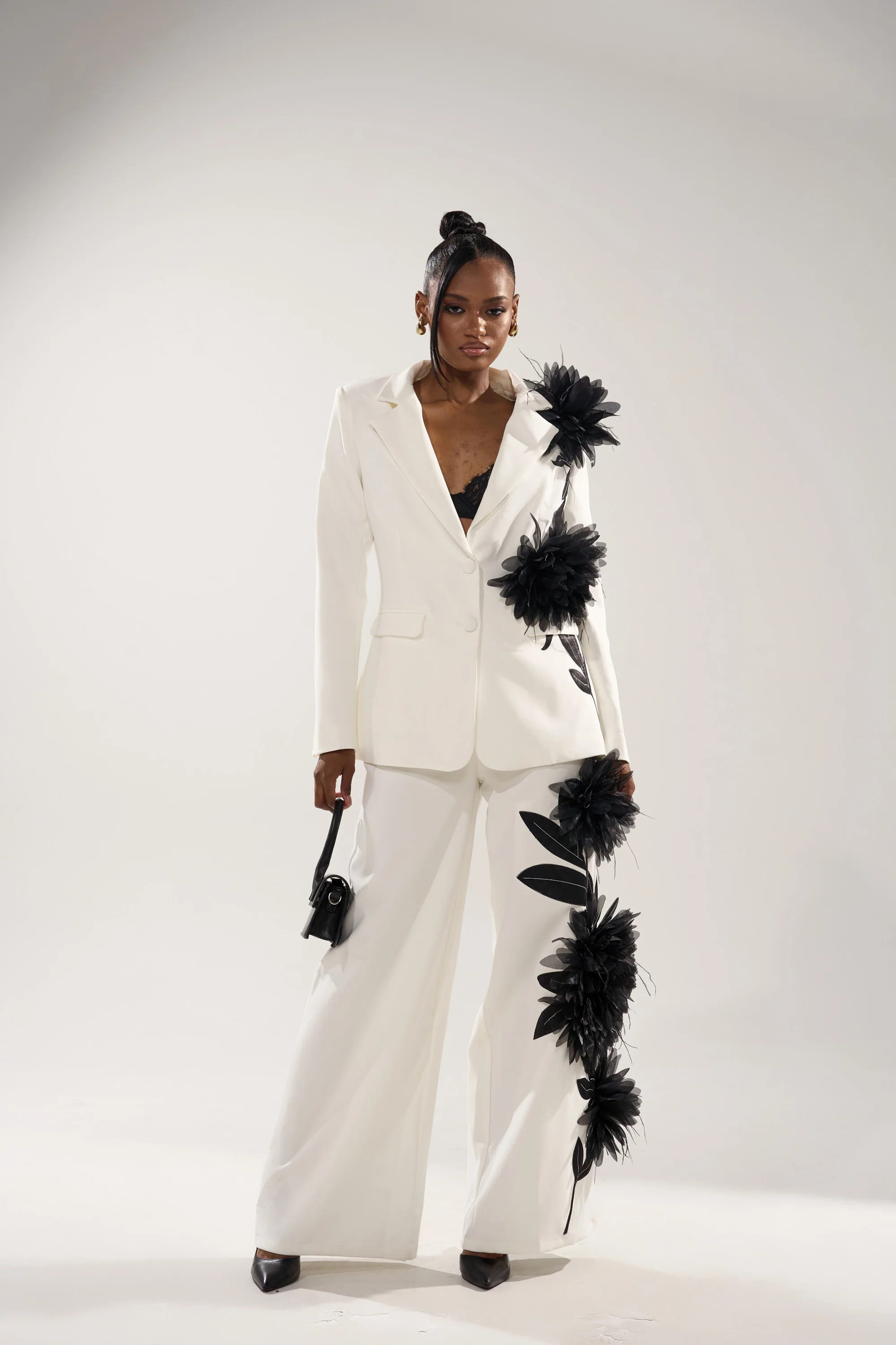 Formal Occasion Women Jacket Suits Ladies Hand Made Flowers Flared Pants Prom Birthday Party Evening 2 Pieces