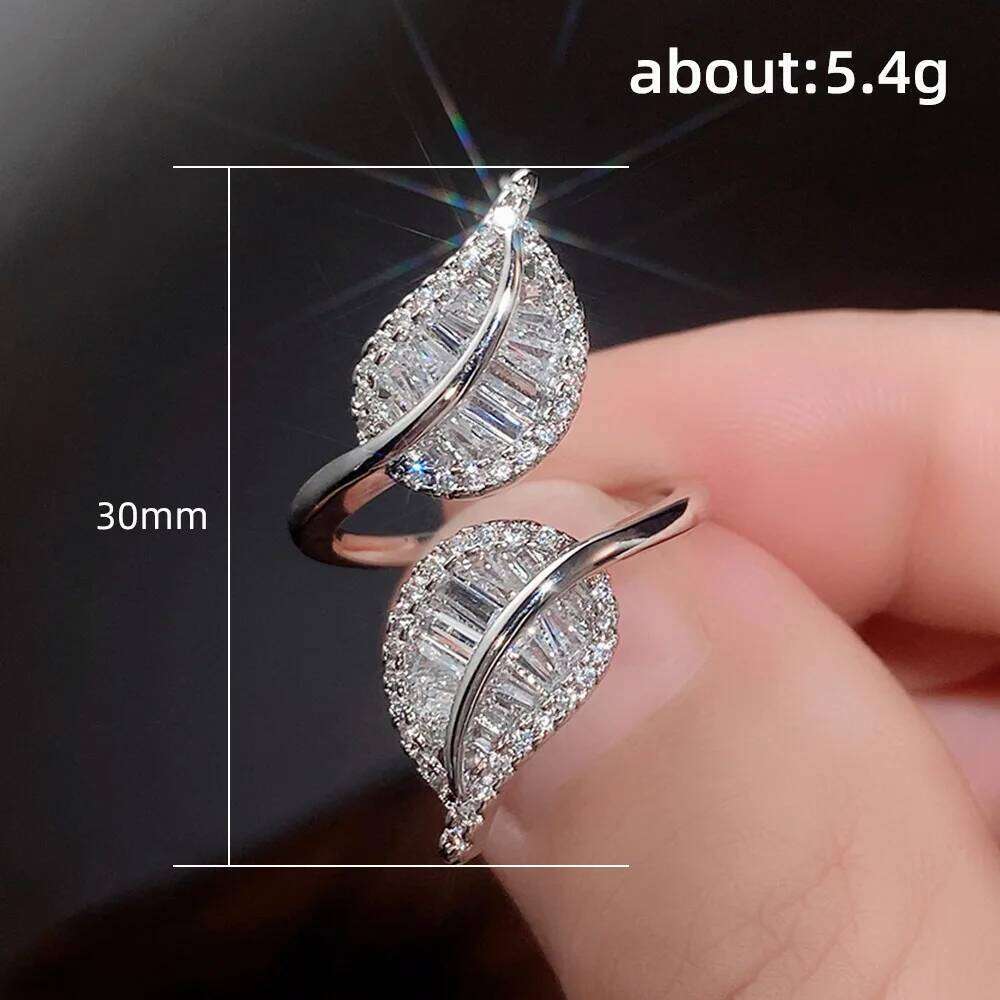 ZAKOL Luxury Leaf Adjustable Opening Rings for Women Silver Color Bridal Wedding Crystal Cubic Zirconia Fashion Jewelry