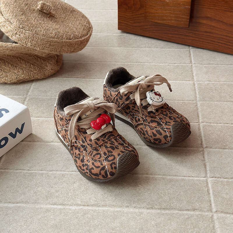 Kitty Dexun 2025 Winter New Korean Style Girls Leopard Print Fleece-Lined Sneakers Thick-Soled Warm Forrest Gump Shoes