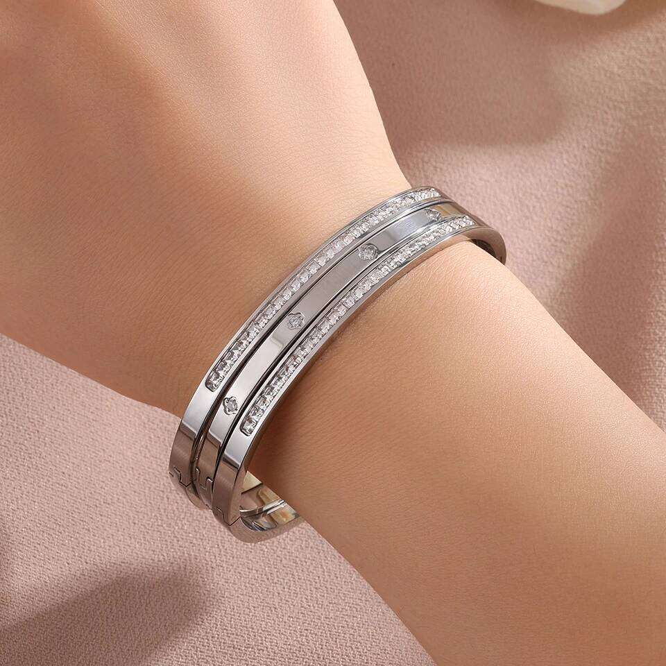 ZAKOL 3pcs Classic Stainless Steel Bracelet for Women Sliver/Gold Color Shiny Zircon Inlaid Non-fading Stacked Jewelry