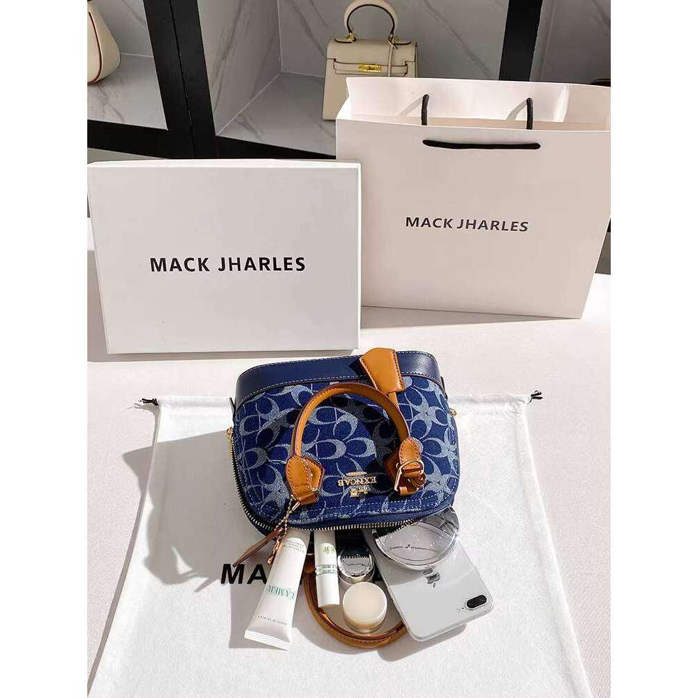 MACK JHARLES retro Denim Embroidered Shell Bag 2025 Autumn New High-end Color-blocking Handbag