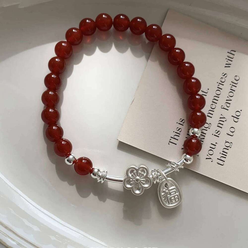 VENTFILLE 925 Sterling Silve Red Agate Bracelet for Women Flower Pendant Lucky Bead Jewelry Gift 25H1229
