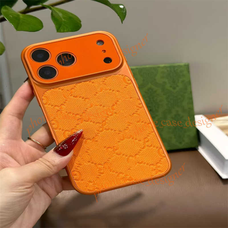 Luxury iPhone Case for iPhone 17 Pro Max 17 Pro 16 15 14 13 Orange Designer Phone Case Embossed Leather Good Grip Shockproof HH Phone Cover for Women Men Gift