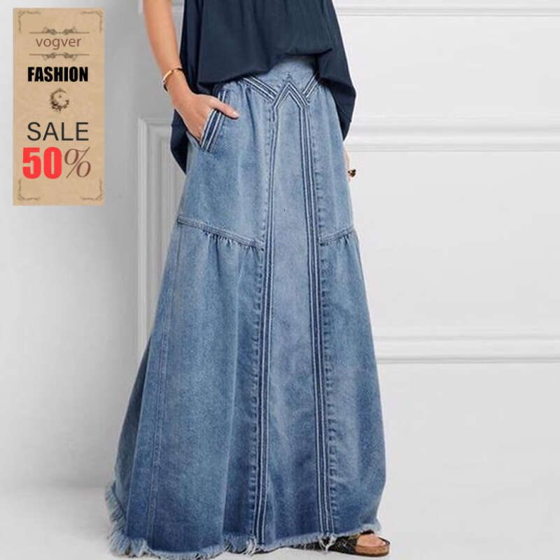 Women's Fashion Autumn Winter Denim A-Line Ribbed Brushed Elastic High Waist Simple Versatile Long Skirt