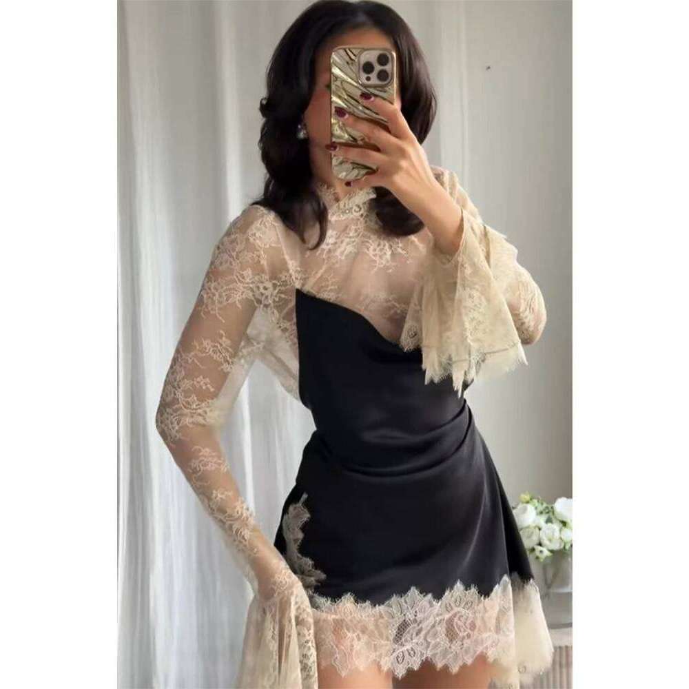 Sexy Lace Patchwork Mini Dress Lady Elegant Full Flared Sleeve Waist Cinching See Through Short Dresses Women Club Party Gowns