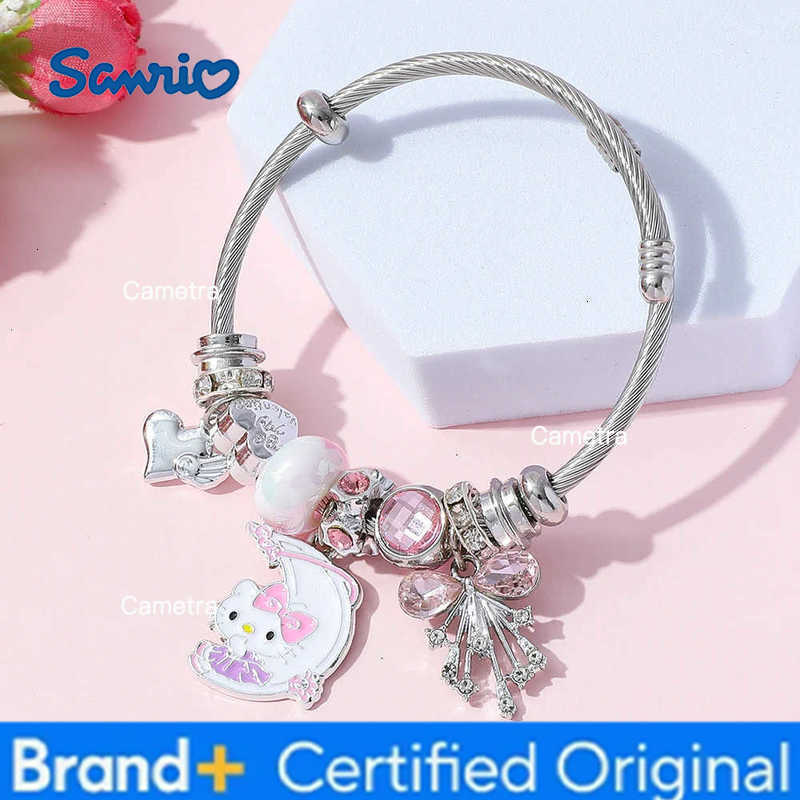 Sanrio Silver Hello Kitty Bead Bracelet Heart Charm Inspired Couple Jewelry for Women Girls Perfect for Halloween Accessories H251229