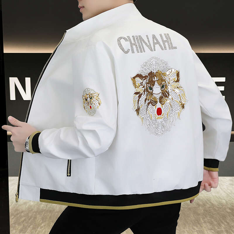 European Brand Fashion Embroidered Lion Men's Spring And Autumn Hot Diamond Domineering Tops Casual Stand Collar Jacket
