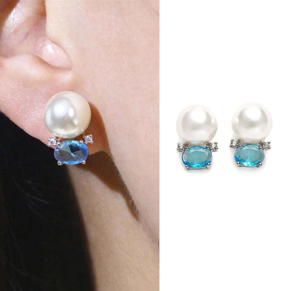Cute Blue Oval Cubic Zirconia Stud Earrings for Women Simple Small Imitation Pearl Earring Delicate Birthday Jewelry