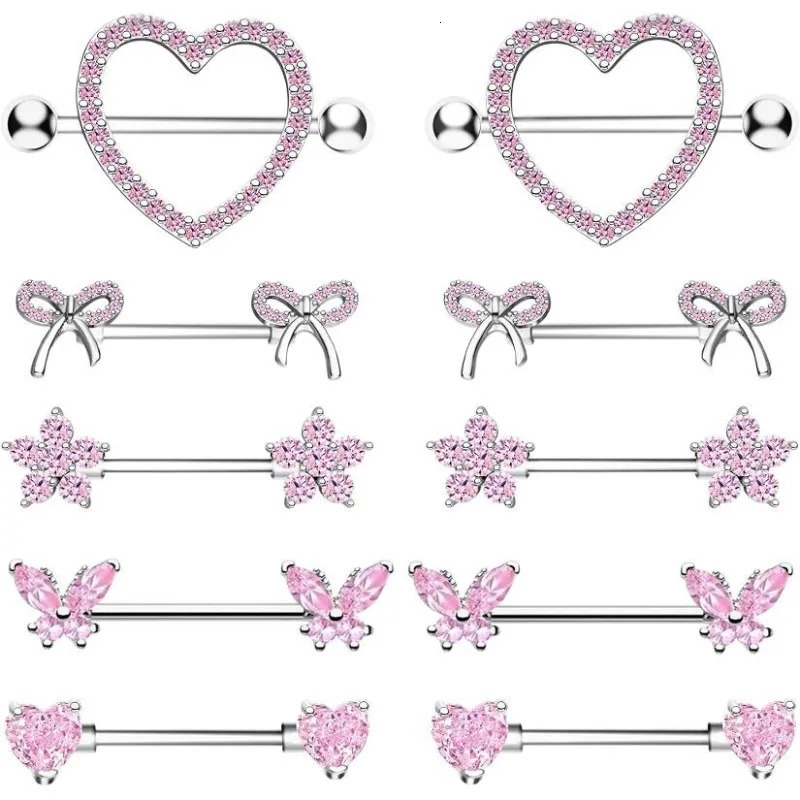 Fashion Stainless Steel Pink Heart Moon Nipple Piercing Set Crystal Sexy Nipple Ring Body Jewelry Perforacin Del Pezn 251224