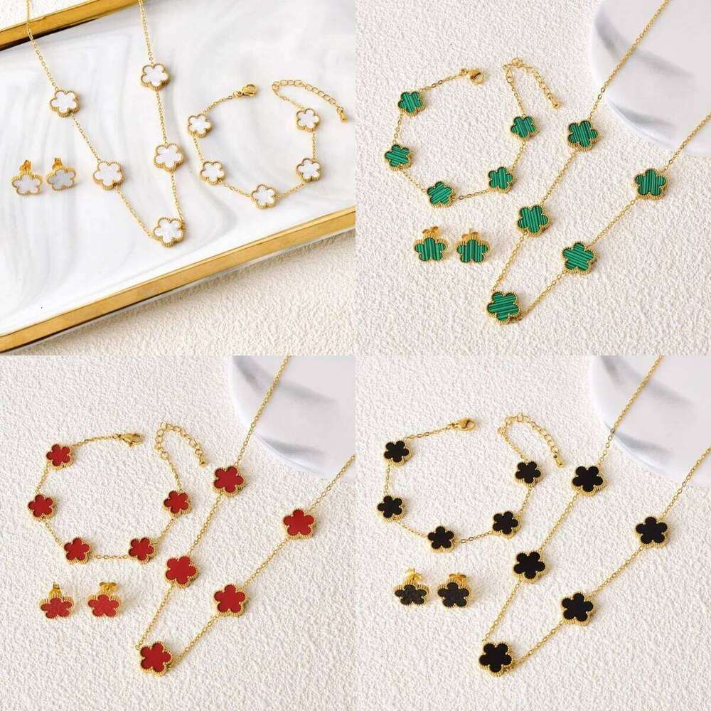 Hot sales stainless steel five-leaf flower necklace bracelet earrings set high sense women's shamrock jewelry party 25H1229