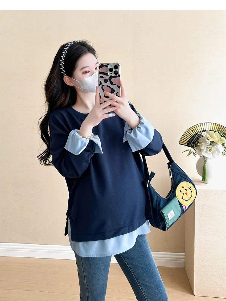 2025 Spring and Autumn Pregnant Women Fashion Style Loose Fleece Jacket Navy Blue Maternity Sweatshirts Casual Pregnancy Hoodies 251223