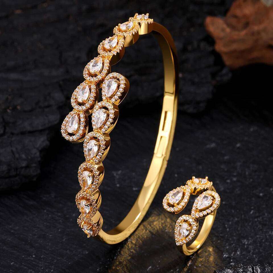 ZAKOL 9 Styles Golden Open Bracelet Ring Set Geometric Shiny Zircon 18K Gold Plated Middle East Wedding Party Jewelry