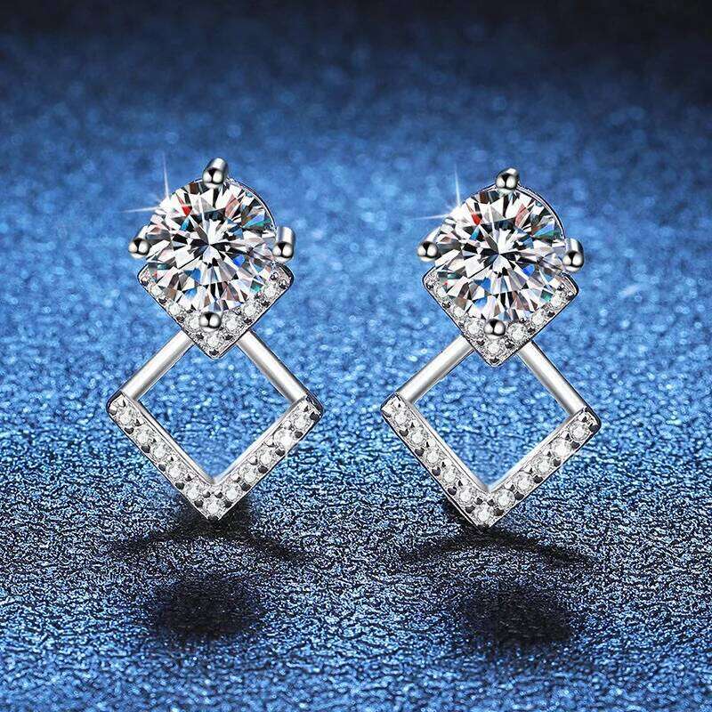 Instagram Style Diamond Geometric High-End Silver D Color 1 Carat Mosang Stone Earrings For Women 890