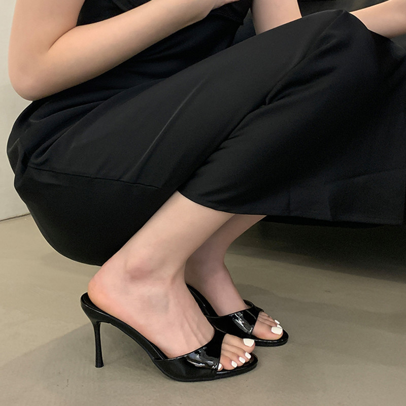 Luxury Shoes Womens 2026 New Patent Leather Thin High Heel Mule Sandals Women's Elegant Slingback Slides Ladies Summer Fashion Outdoor Slippers