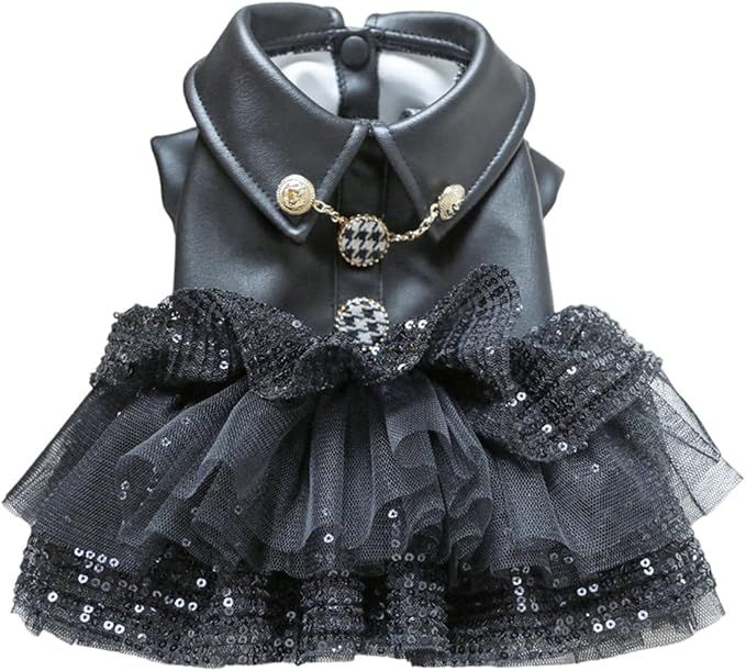 Dog Dress for Small Dog Girl Princess Sequin Dog Tutu Skirt Pet Wedding Outfit Dog Leather Jacket, Warm Puppy Dresses Dog Apparel for Chihuahua Yorkie