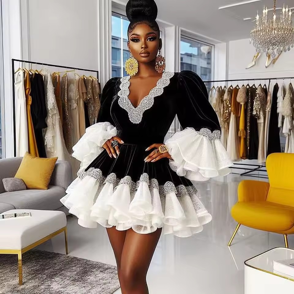 Velvet Prom Dresses With Sequins Appliques Sexy V Neck Long Sleeves Tiered Ruffles Birthday Party Dress Aso Ebi Evening Gowns