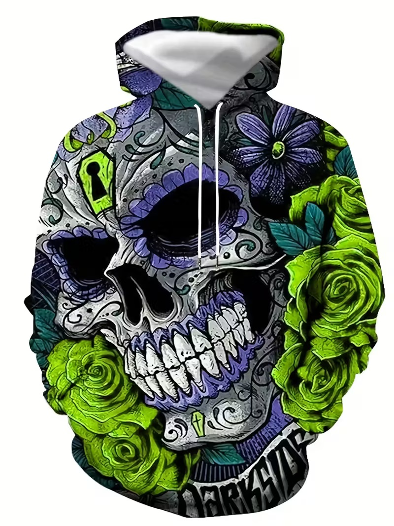 Dark-themed men's hoodie with purple and green skull floral all-over print Distinctive streetwear-inspired loose-fit pullover hoodie
