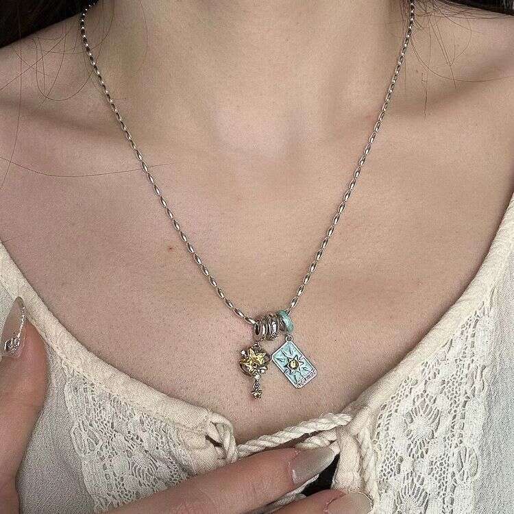 "Ascended Hermit" Blue Shimmer Oil-Drip Tarot Card Star Running Ring Pendant Necklace Spring Summer New Clavicle Chain