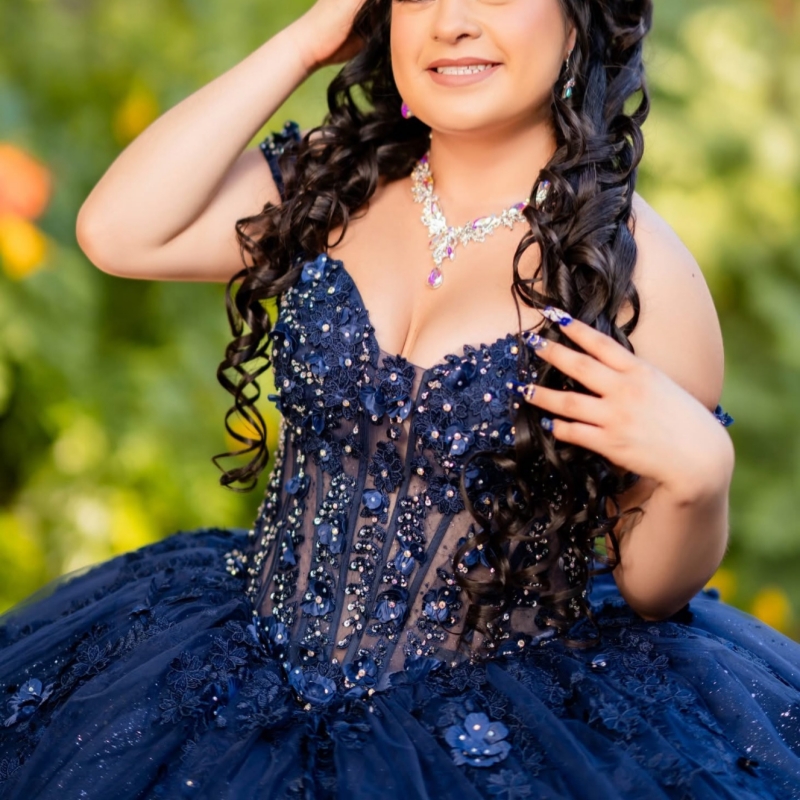 Navy Blue Shiny Quinceanera Dresses Ball Gown Off The Shoulder Applique Flower Beading Crystal Bow Tull Corset Party Birthday Sweet 16 Dres Vestidos 1
