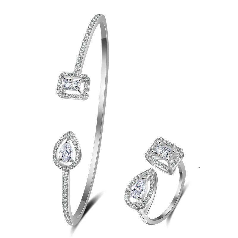 ZAKOL Brand Classic Water Drop AAA Zircon Open Bracelet Ring for Women Luxury Gold Color 2 Pcs Wedding Jewelry Sets