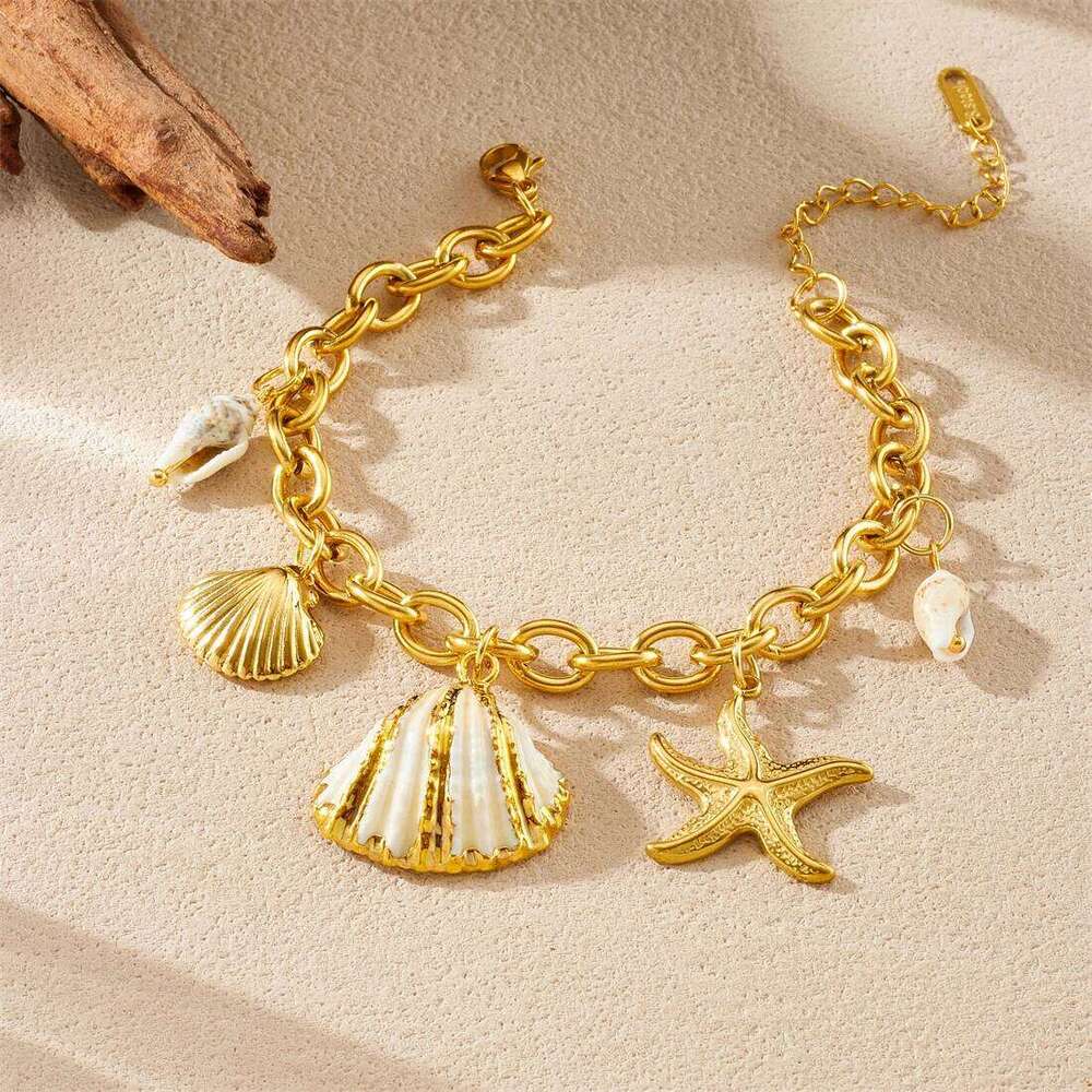 DIEYURO 316L Stainless Steel Golden Shell Starfish Scallop Conch Pendant Bracelet For Women New Waterproof Wrist Chain Jewelry 25H1229