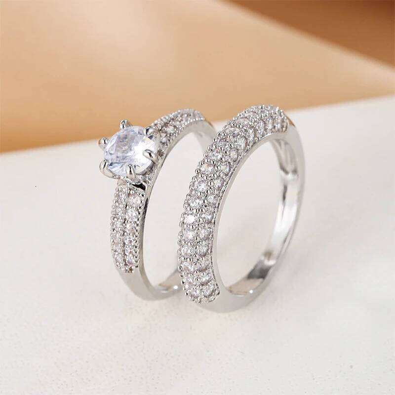 2 PCs Luxury Zircon Eternity Band Rings Set For Women Round Gold Color Ring Girls Party Wedding Engagement Jewelry Gift