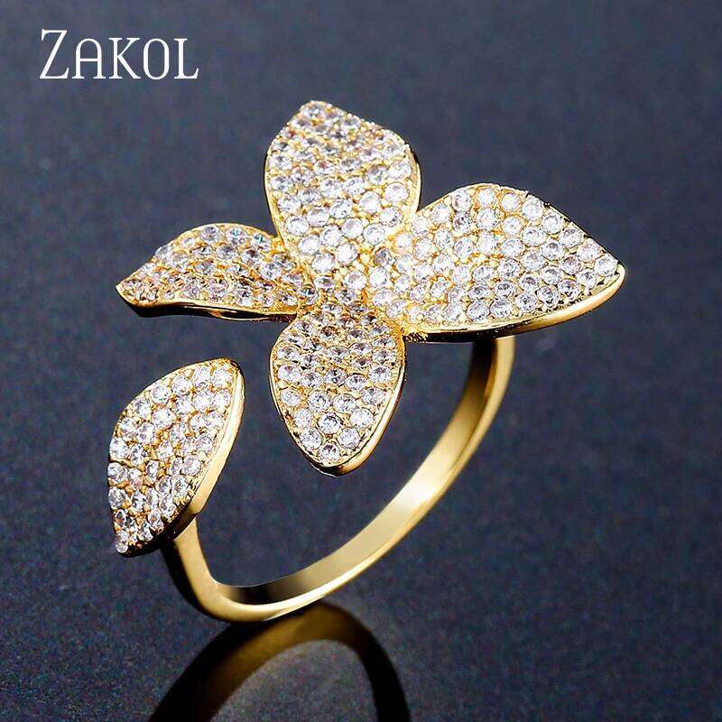 ZAKOL Luxury Sparkling Leaf Flower Micro-paved Zirconia Open Rings for Women Delicate Bridal Wedding Jewelry RP2034