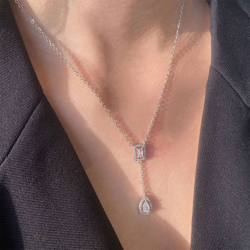 ZAKOL Classic Square Water Drop Zircon Necklace Brilliant Shiny Wedding Party Engagement Jewelry Gifts for Women