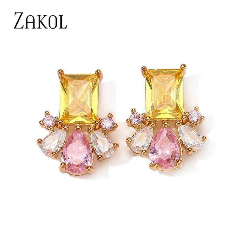 ZAKOL Fashion Colorful CZ Flower Stud Earrings for Women Square Cubic Zirconia Girls Ear Wedding Party Jewelry