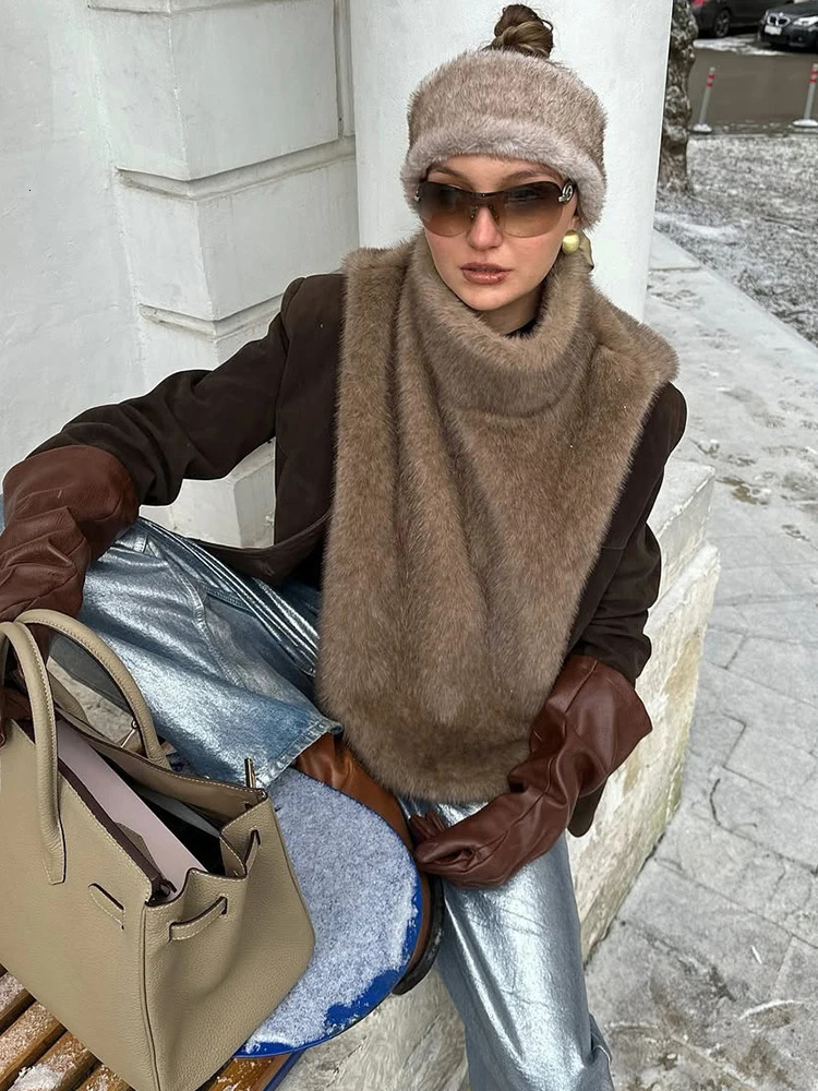 Y2K Faux Fur Turtleneck Tank Tops Women High Waist Sleeveless Solid Cropped Top Commute Female Sweaters Vest 251219