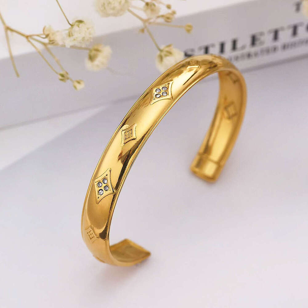 European and American Retro Fashion Titanium Steel Diamond Pattern Inlaid Zircon Adjustable Open Bracelet 18K Gold Plated Elegant Versatile Jewelry