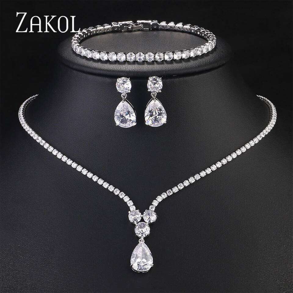 ZAKOL Luxury Clear Water Drop Zircon Set for Women High Quality Shiny CZ Wedding Party Jewelry