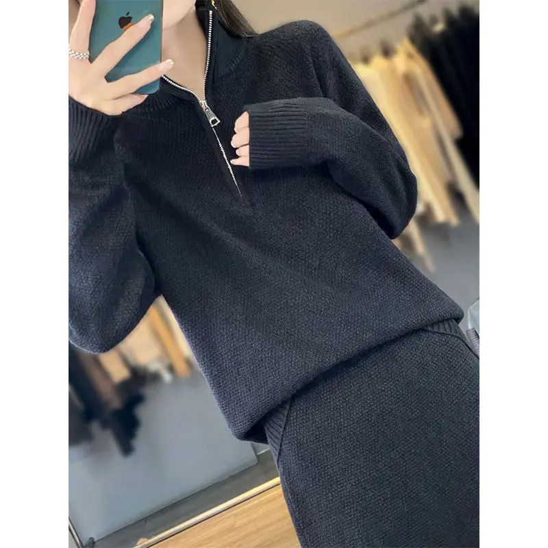 Autumn and Winter Korean Edition Fashion Set Stand up Collar Zipper SweaterSkirt Slimming Two Piece Set 251219