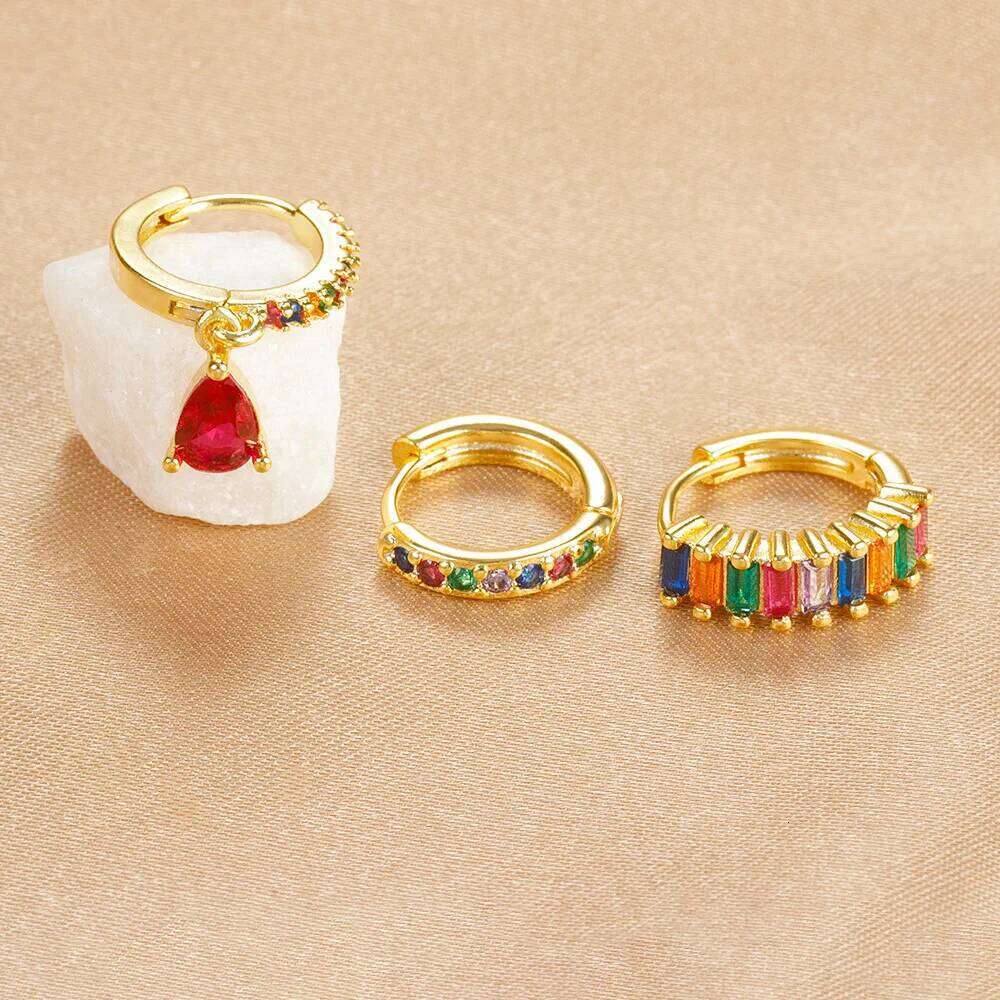 ZAKOL 3PCS/Set Colorful Cubic Zirconia Hoop Earrings Set for Women Red Water Drop Pendant Earring Cartilage Piercing Jewelry