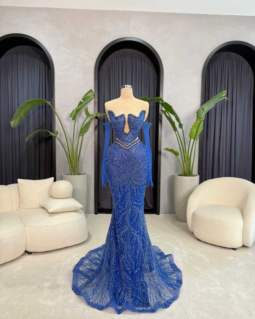 Exquisite Mermaid Evening Dress Strapless Long Sleeve Prom Gowns Charming Crystal Beaded Floor Length Party Dresses Customized