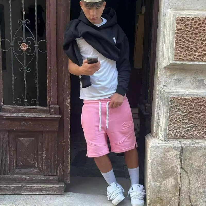 Unisex Y2K Harajuku Solid Pink Sweatpants Letter Embossed Hip Hop Retro Casual Comfortable Baggy Shorts for Men And Women 251223