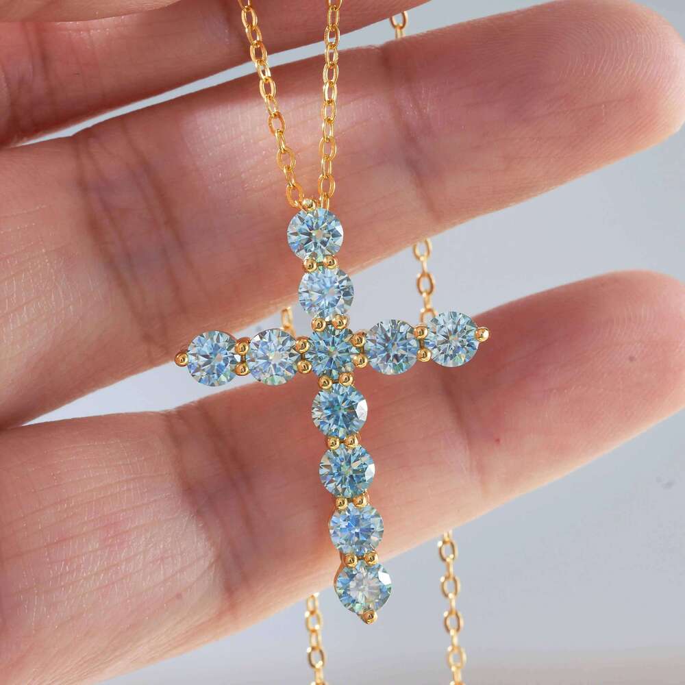3mm/4mm Cross natural blue moissante pendant necklace 925 Sterling Silver Wedding Party fine Jewelry dating party gift 070
