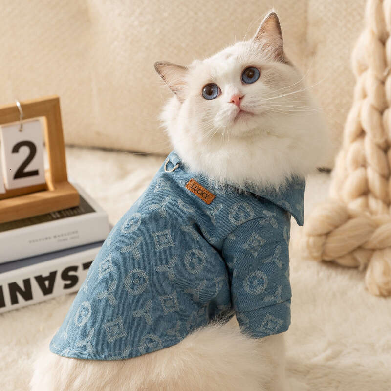 Winter Cat with Leash Attachment Denim Jacket Adult Cats and Kittens Teddy Autumn Coat for Small Dogs Pet Clothes