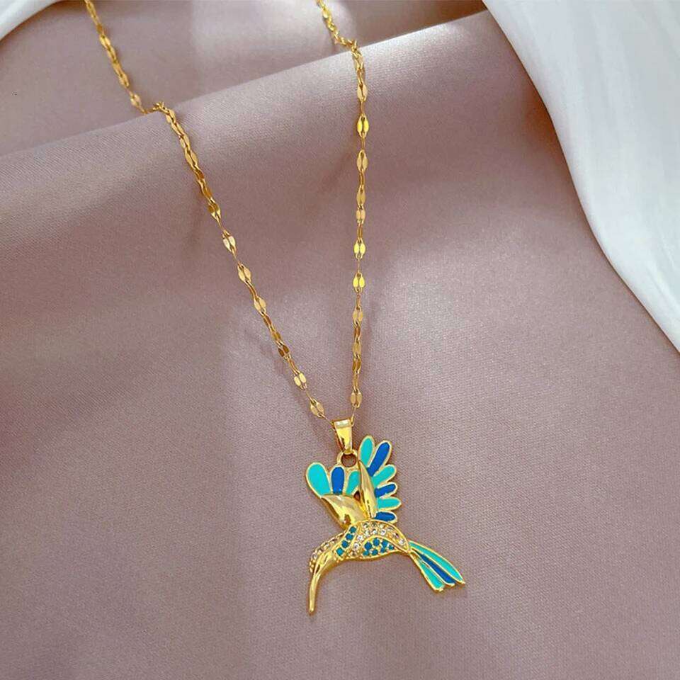 ZAKOL Cute Inlaid CZ Blue Woodpecker Necklace Titanium Stainless Steel Gold Color Chain Animal Pendant Choker Accessories
