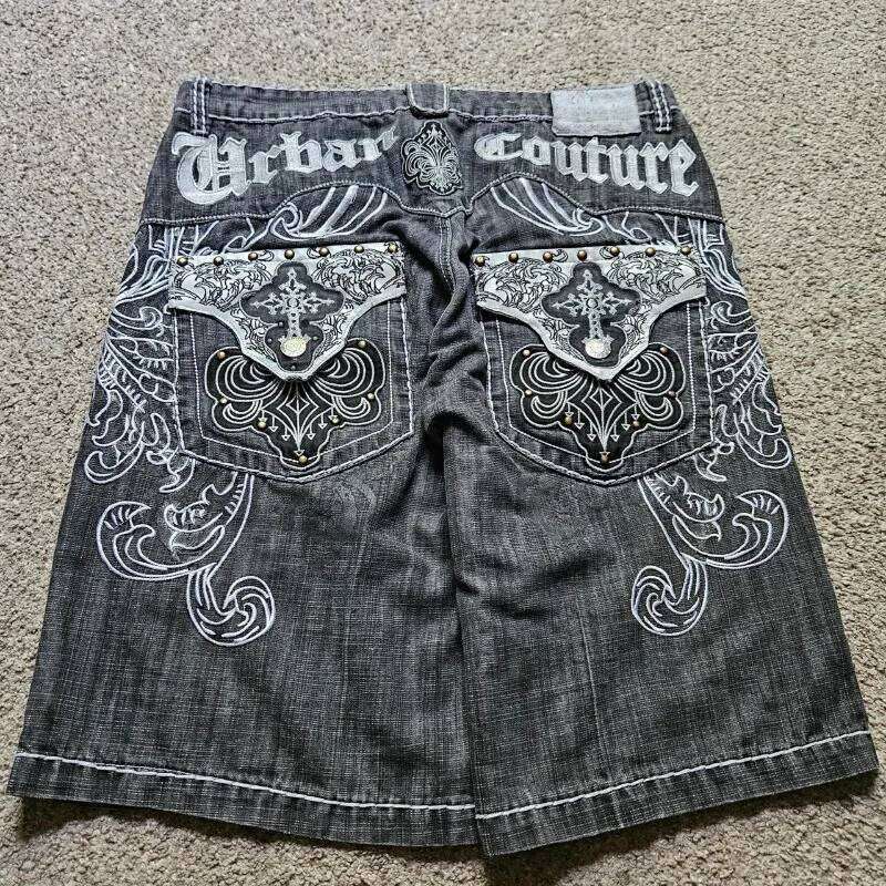 Y2K New Popular Denim Patch Vintage Shorts Men Women Street Hip Hop Fashion Harajuku Punk Loose High Waist Wide Leg Pants