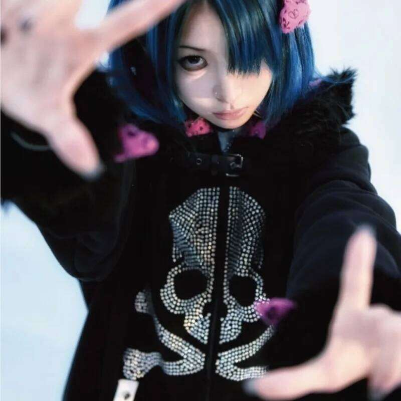 Gothic Y2K Hoodied Jackets Women Harajuku Fashion Hooded Coats Skull Thicked Casual Black Tops Winter Sweatshirts Punk Hoodie Zhehan