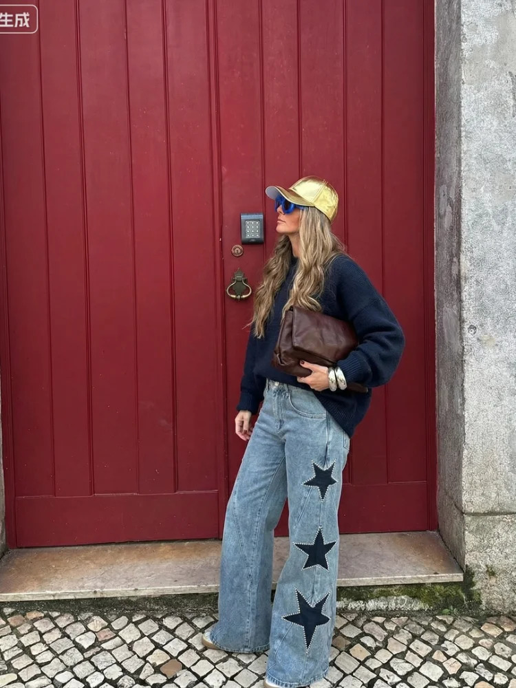 Diamond Decoration Jeans Women Five Pointed Star Straight Womens Pants Retro Baggy Fashion Street Denim Jeans Trousers Ladies 251225