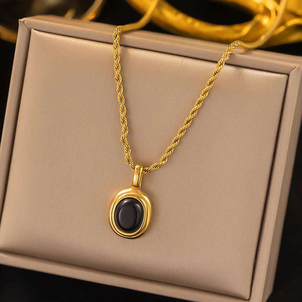 ZAKOL 316L Stainless Steel Oval Black White Stone Pendant Necklace For Women Gold Color Twist Rope Chain Stacking Jewelry