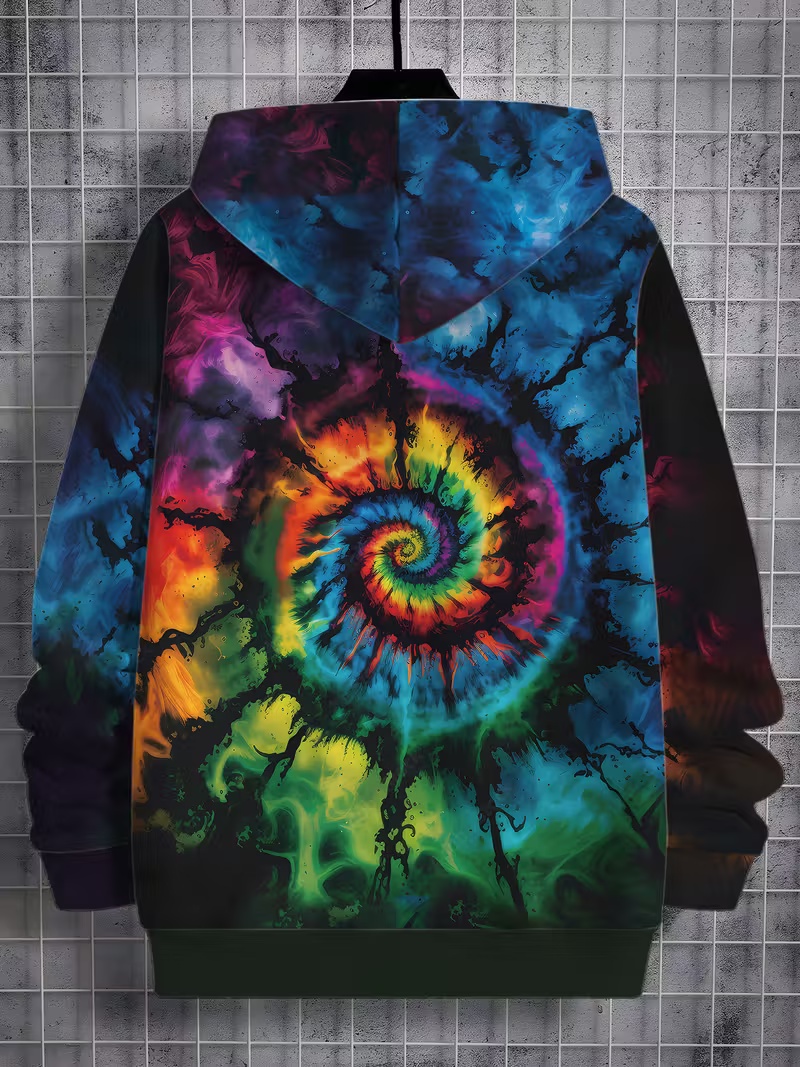 Trendy Tie-Dye Style Men's Hoodie Vibrant Spiral Nebula All-Over Print 3D Graphic Unique Streetwear Oversized Relaxed Fit Pullover Hoodie