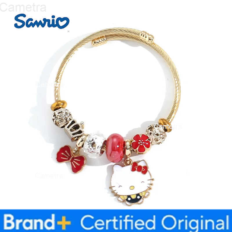 Sanrio Sweet Cartoon Cute Hello Kitty Flower Bowknot Charms Bracelets for Women Girls Saniro Gold Color Stainless Steel Bangle Jewelry H251229