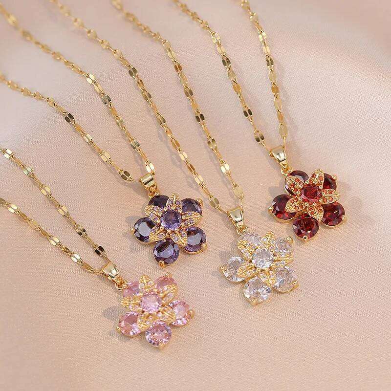 ZAKOL Luxury Rotating Flower Pendant Necklace for Women Delicate Colored Zircon Fashion Trend Chain Necklaces Party Jewelry